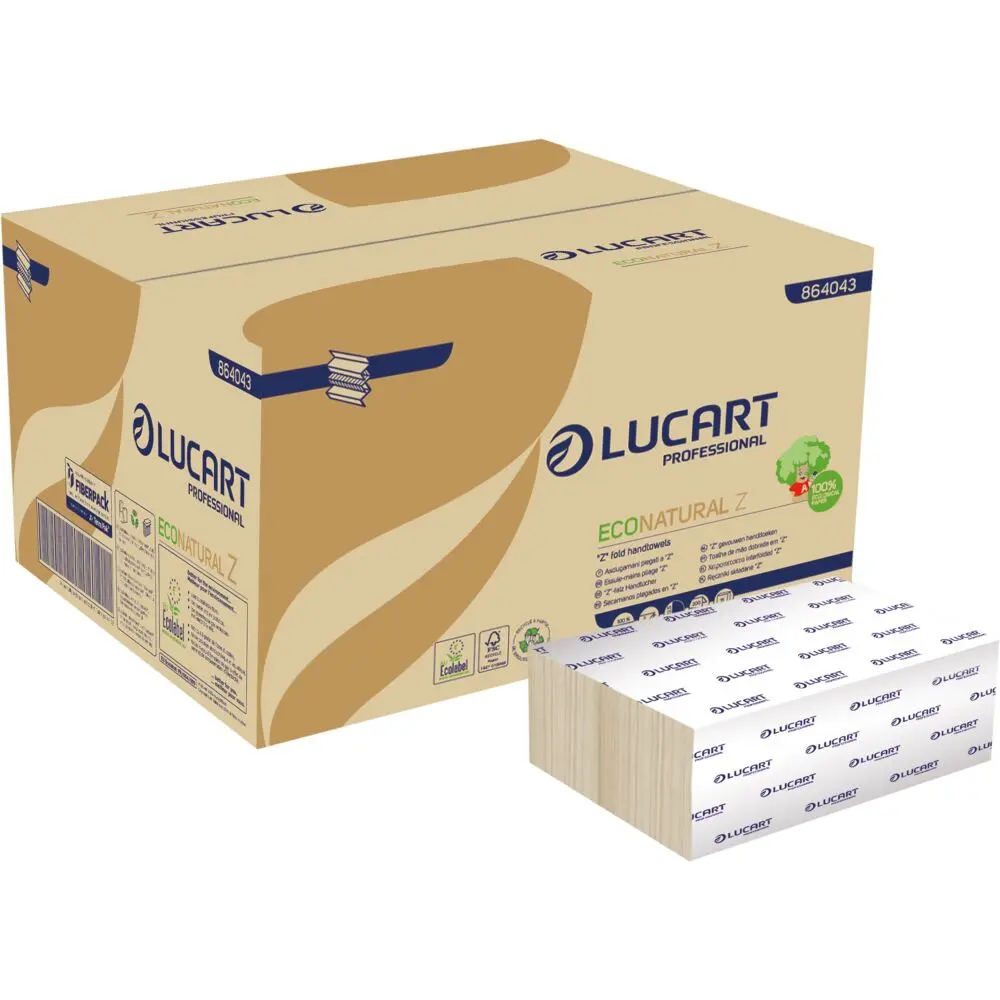 [1999901165] Håndklædeark, Lucart T3 Natural, 2-lags, Z-fold, 24x22,5cm, 8 cm, ubleget, genanvendt papir (3000 ark/krt)