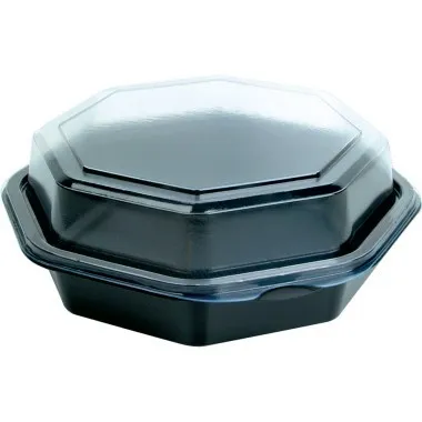 Plastbakke, 16x16x6cm, 443 ml, sort, PS, med hængslet låg, octaview (405 stk/krt)