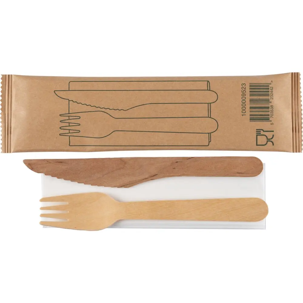 [100000952303] Bestiksæt, 16cm, brun, birketræ/nyfiber, med kniv, gaffel og serviet (400 stk/krt)