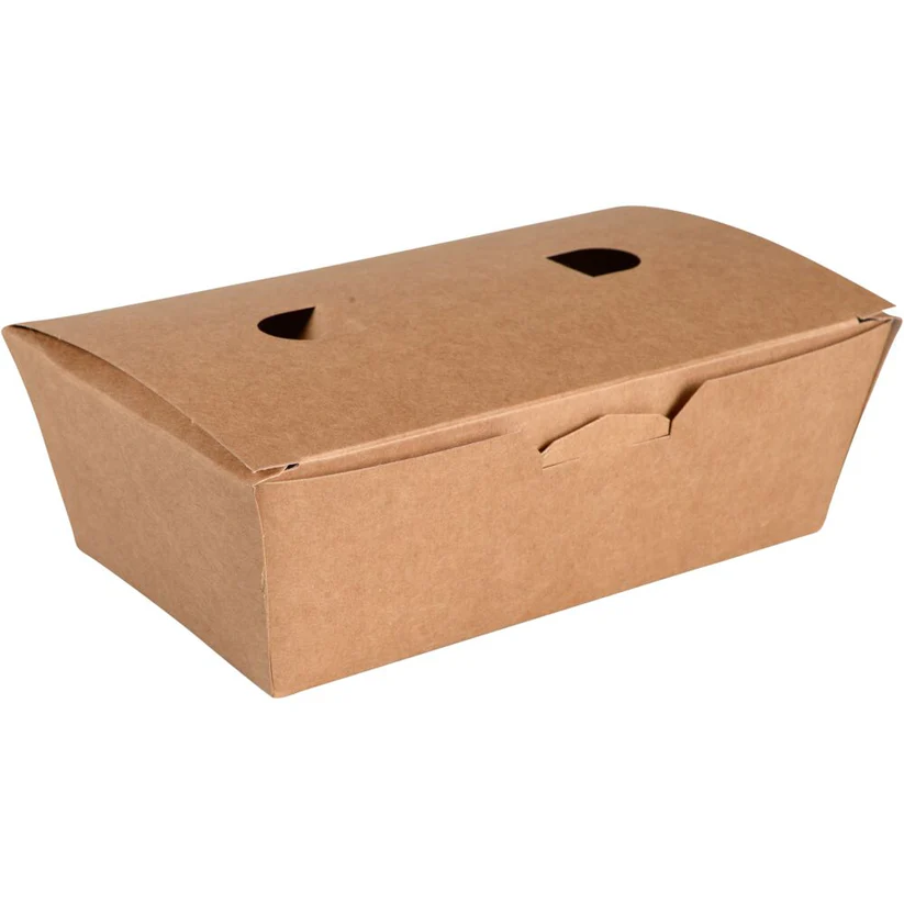 Takeaway boks, 13,8x6,7x5,5cm, 450 ml, brun, pap, med låg, konisk nr. 1 (400 stk/krt)