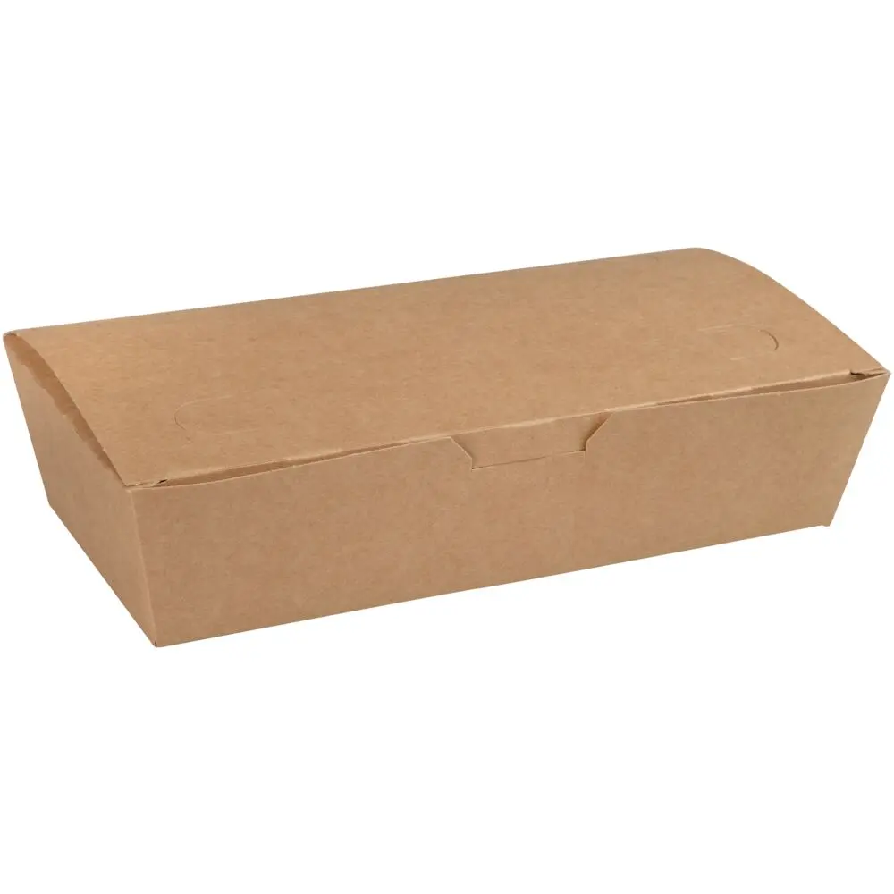 Takeaway boks, 20x10x5cm, 1000 ml, brun, pap, med hængslet låg, udstandsning i låget, lille (400 stk/krt)