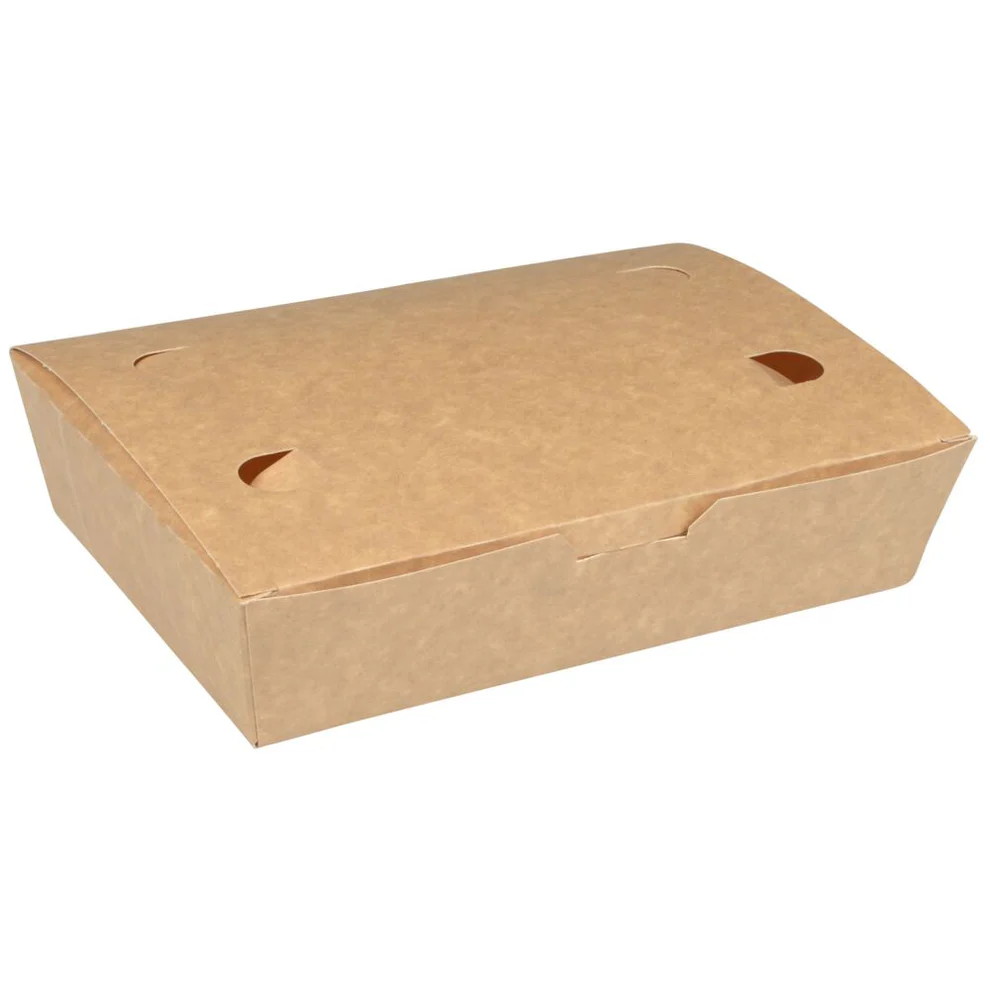 [13305603] Takeaway boks, 20x14x5cm, 1400 ml, brun, pap, med hængslet låg, udstandsning i bunden, stor (400 stk/krt)