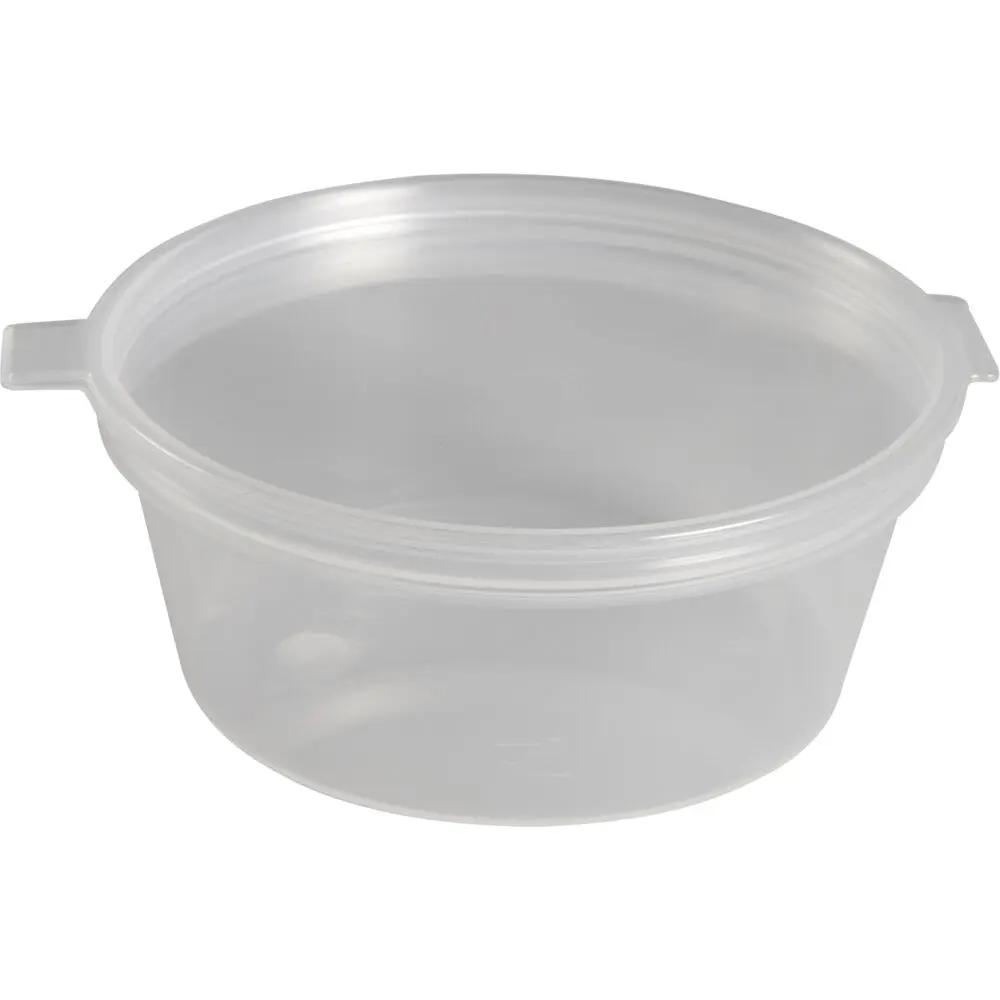 [199990677001] Dressingbæger, 2,5cm, Ø7cm, 60 ml,  klar, PP, med hængslet låg (1000 stk/krt)
