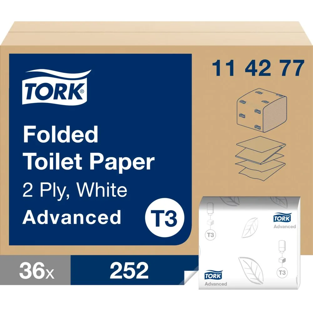 Toiletpapir i ark, Tork T3 Advanced, 2-lags, 19x11cm, hvid, blandingsfibre (9072 ark/krt)