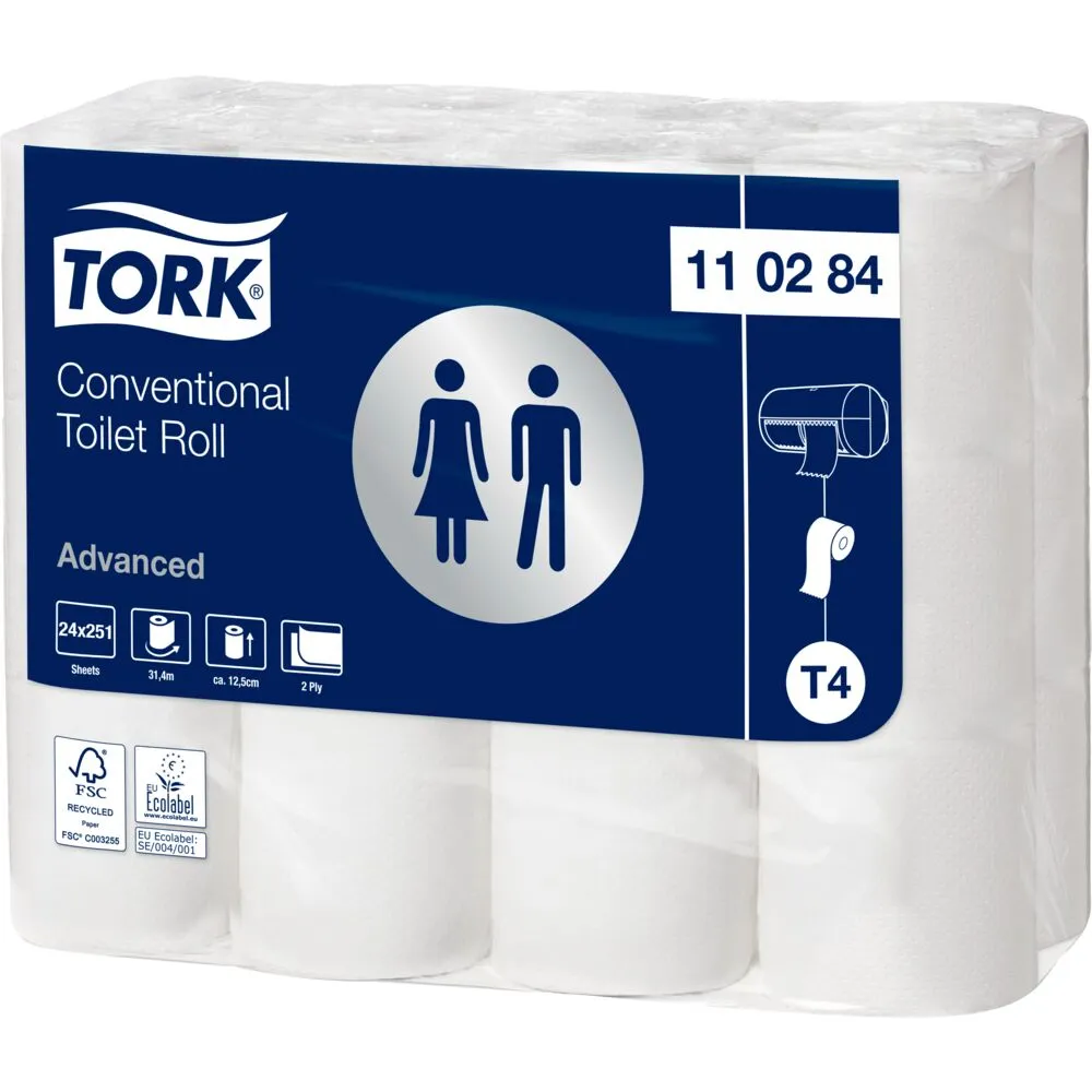 [23908702] Toiletpapir, Tork T4 Advanced, 2-lags, 31,4m x 9,9cm, Ø10,4cm, hvid, blandingsfibre (24 ruller)