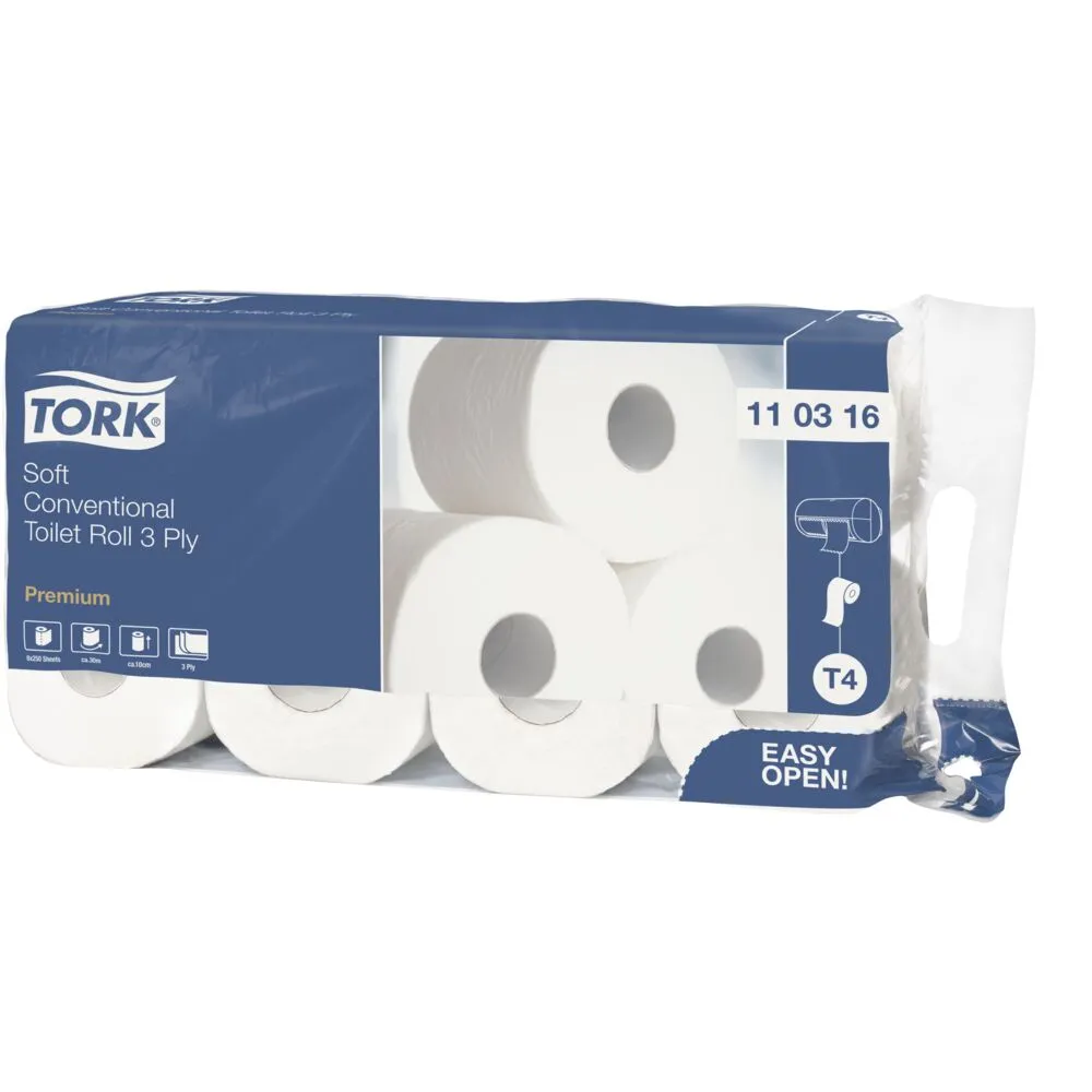 [100001038901] Toiletpapir, Tork T4, 3-lags, 29,5m x 9,4cm, Ø11,7cm, hvid, nyfiber (72 ruller)