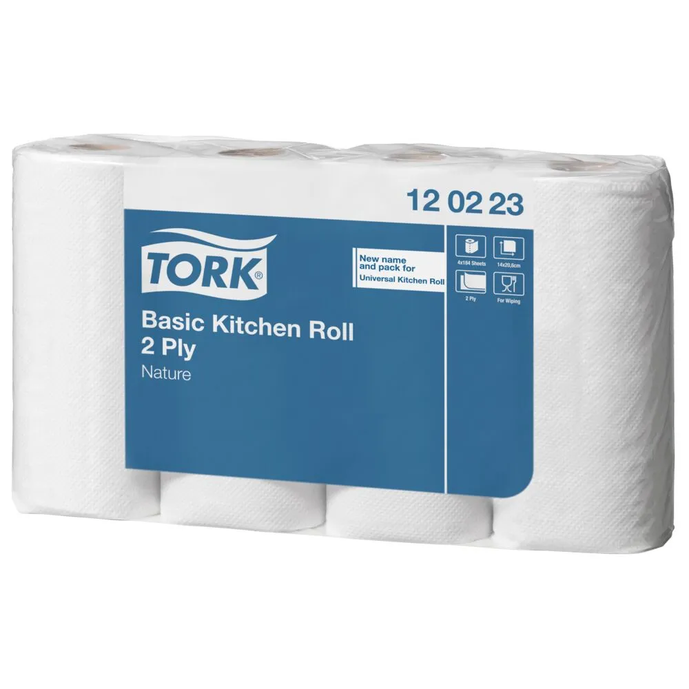 Køkkenrulle, Tork Basic, 2-lags, 25,8m x 20,6cm, Ø10,4cm, ubleget, genanvendt papir (32 rl/krt)