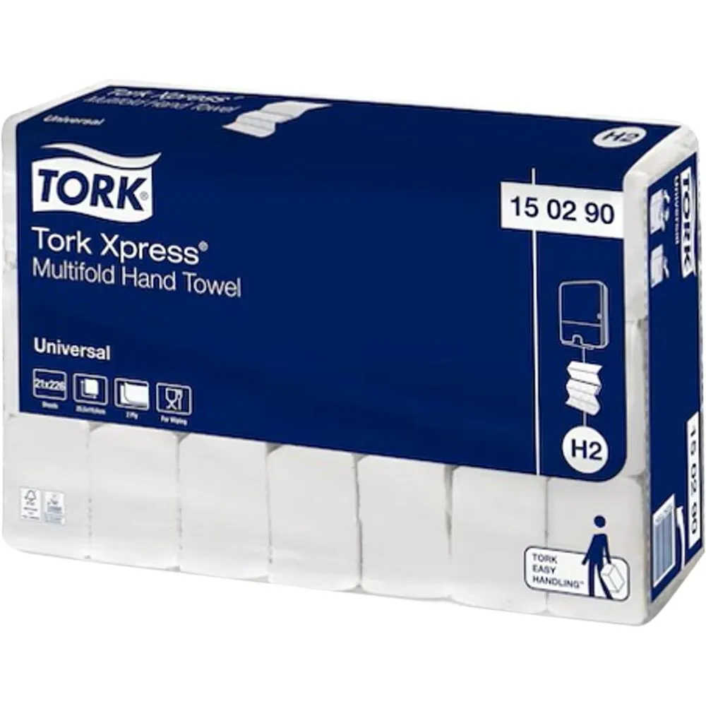 Håndklædeark, Tork H2 Universal, 2-lags, Z-fold, 25,5x19,6cm, 8,5 cm, hvid, genanvendt papir (4746 ark/krt)