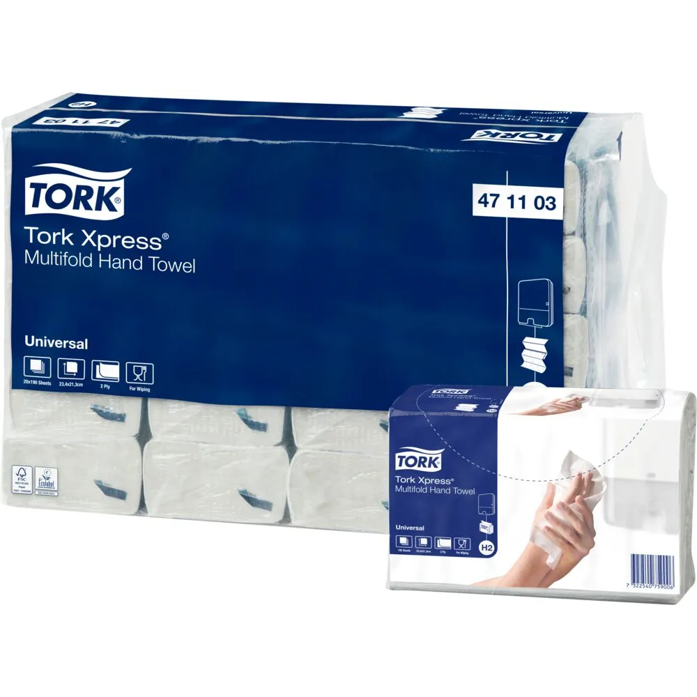 Håndklædeark, Tork H2 Universal, 2-lags, Z-fold, 23,4x21,3cm, 8 cm, ubleget, genanvendt papir (3800 ark/krt)
