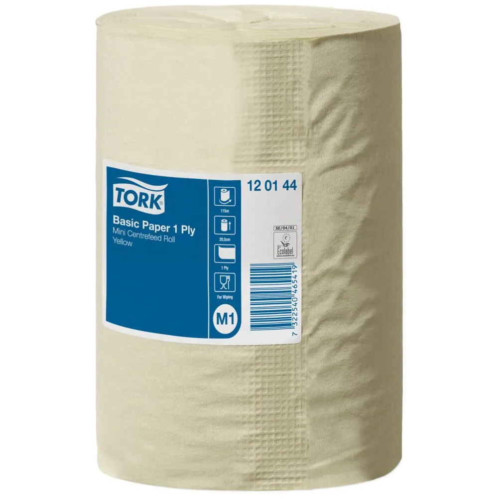 Håndklæderulle, Tork M1 Basic, 1-lags, Mini, 115m x 20,5cm, Ø14cm, gul, genanvendt papir, uden hylse (11 rl/kt)