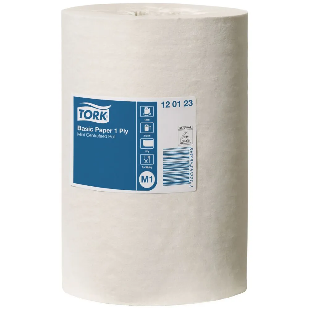 Håndklæderulle, Tork M1 Basic, 1-lags, Mini, 120m x 21,5cm, Ø14cm, hvid, genanvendt papir, uden hylse (11 rl/kt)