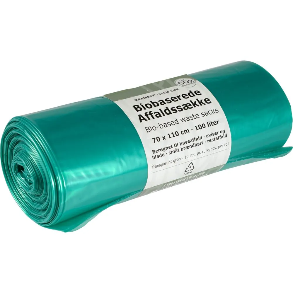 Biobaserede sække, 100 l, transparent grøn, LDPE/sukkerrør, 70x110 cm, 25% green PE + 75% virgin LDPE (10 rl/krt)