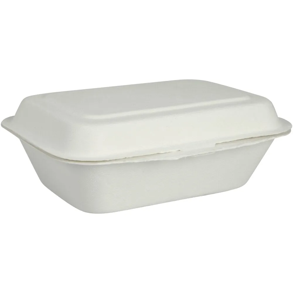 Takeaway boks, 18,5x13,59x6,5cm, 450 ml, hvid, sukkerrør, 1-rums, med hængslet låg (500 stk/krt)