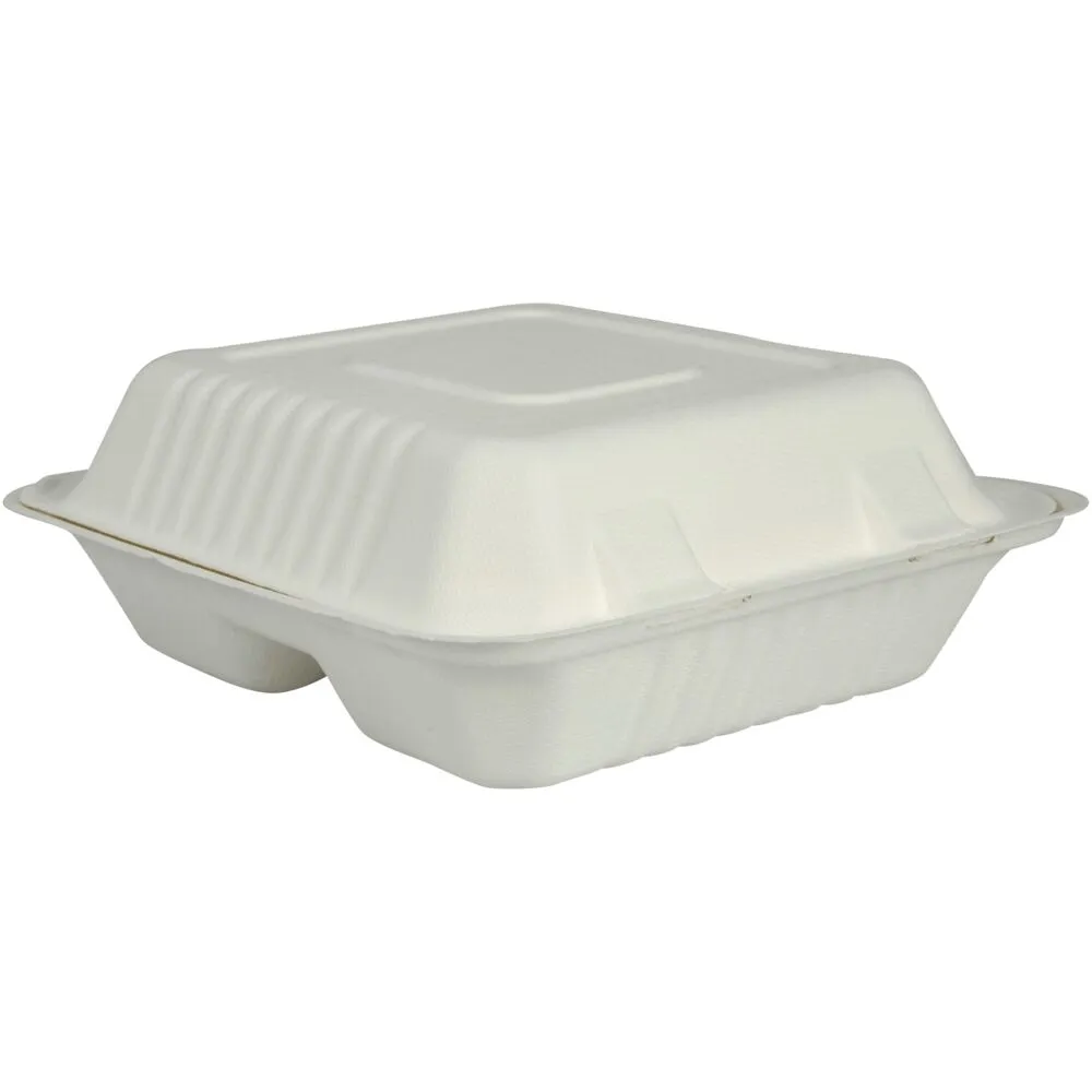 Takeaway boks, 22,3x20x7,8cm, 416 ml, hvid, sukkerrør, 3-rums, 88ml/88ml/240ml, med hængslet låg (200 stk/krt)