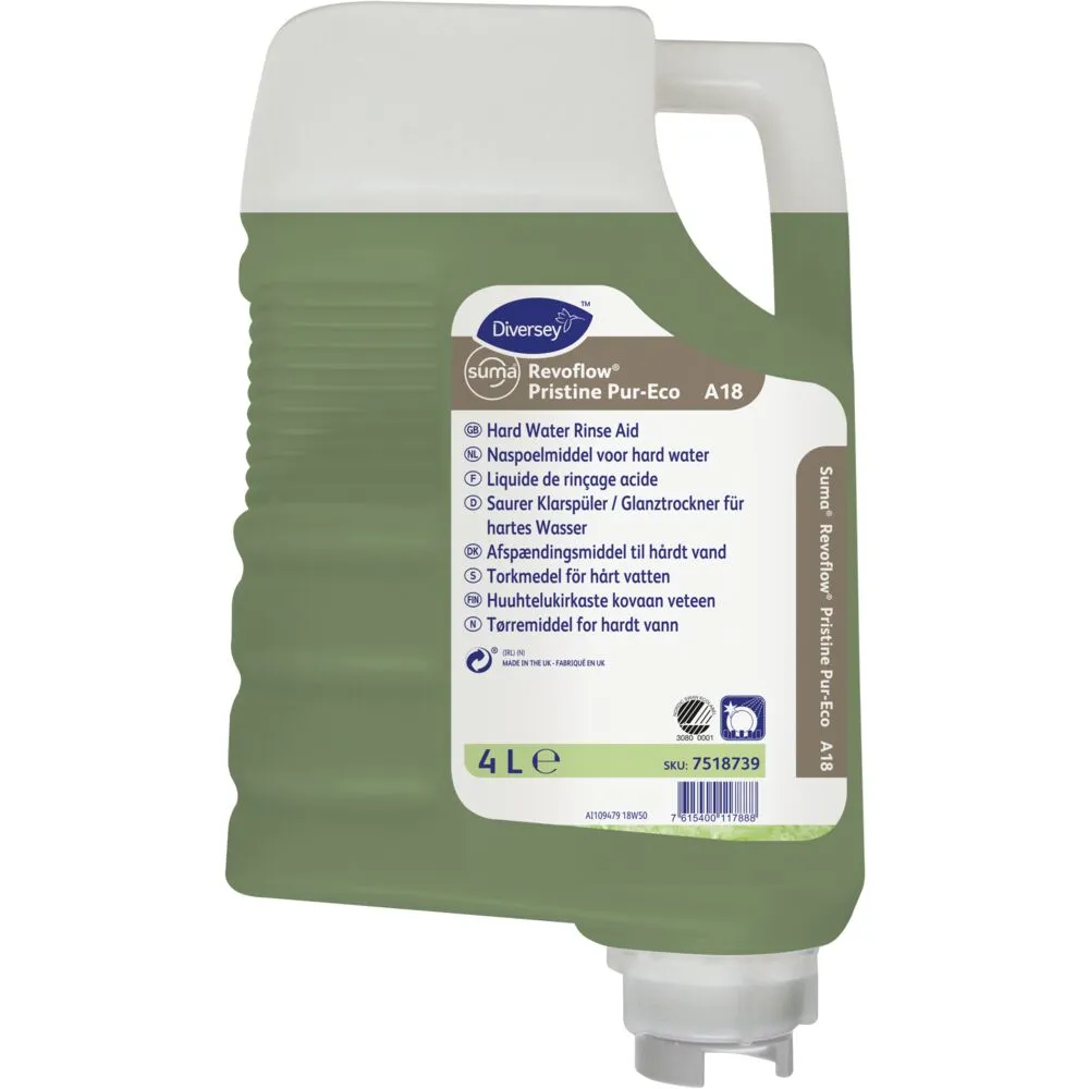 Afspænding, Diversey Suma Revoflow Pristine Pur-Eco A18, 4 l, med farve, uden parfume (3 stk/krt)