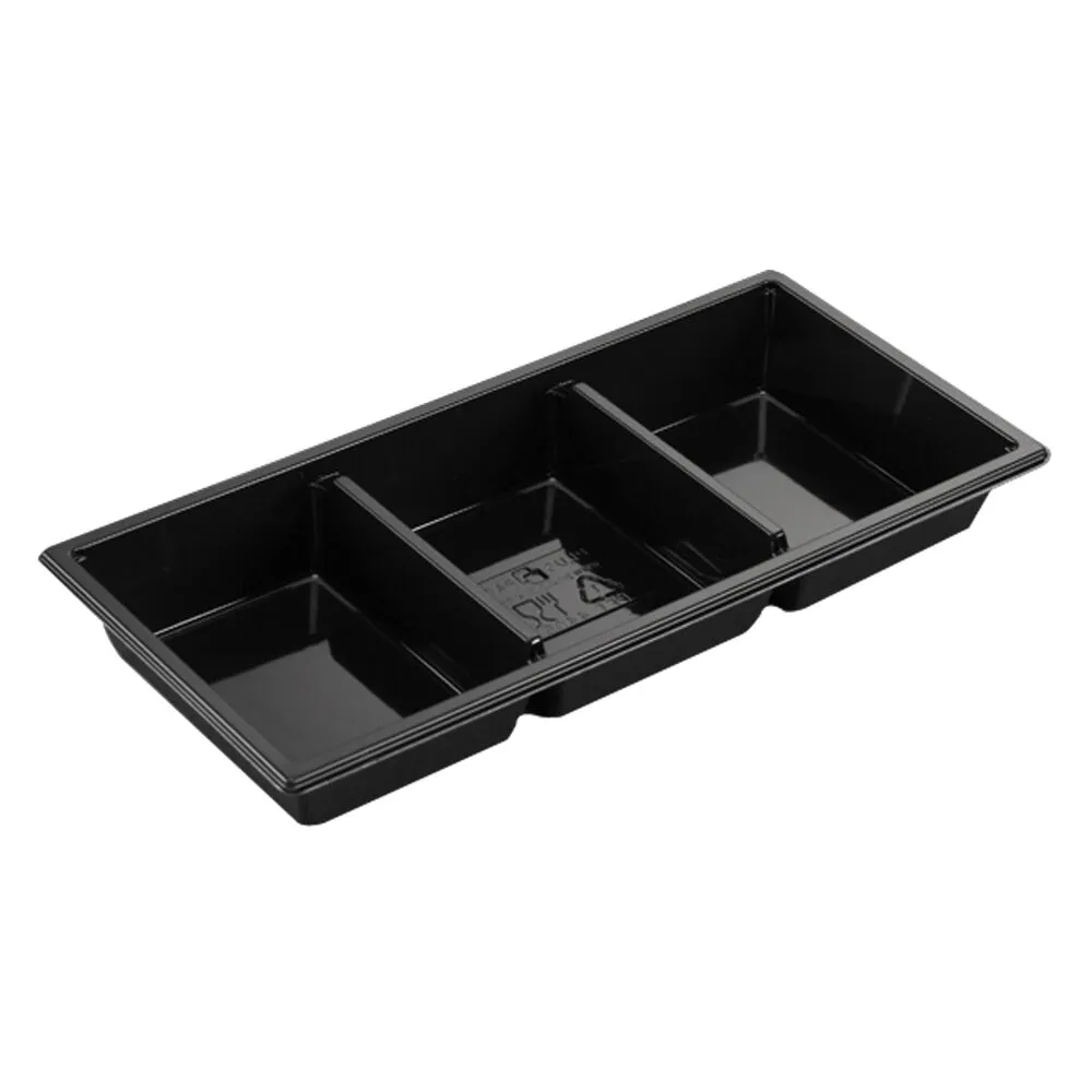 [13169902] Plastbakke, 25x12x3,1cm, 600 ml, sort, RPET, 3-rums, 3x200 ml (464 stk/krt)