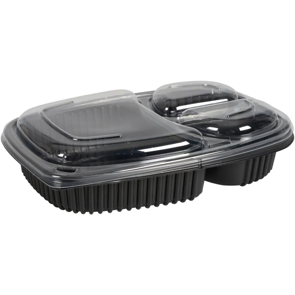 [549403] Plastbakke, 25,5x19x4,5cm, 1250 ml, sort, PP, 3-rums, 678/179/179 ml, take away (320 stk/krt)