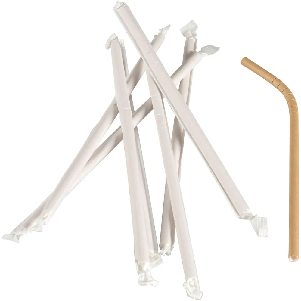 [1999902697] Sugerør, 24cm, Ø6mm, brun, papir, med knæk, enkeltindpakket (5000 stk/krt)